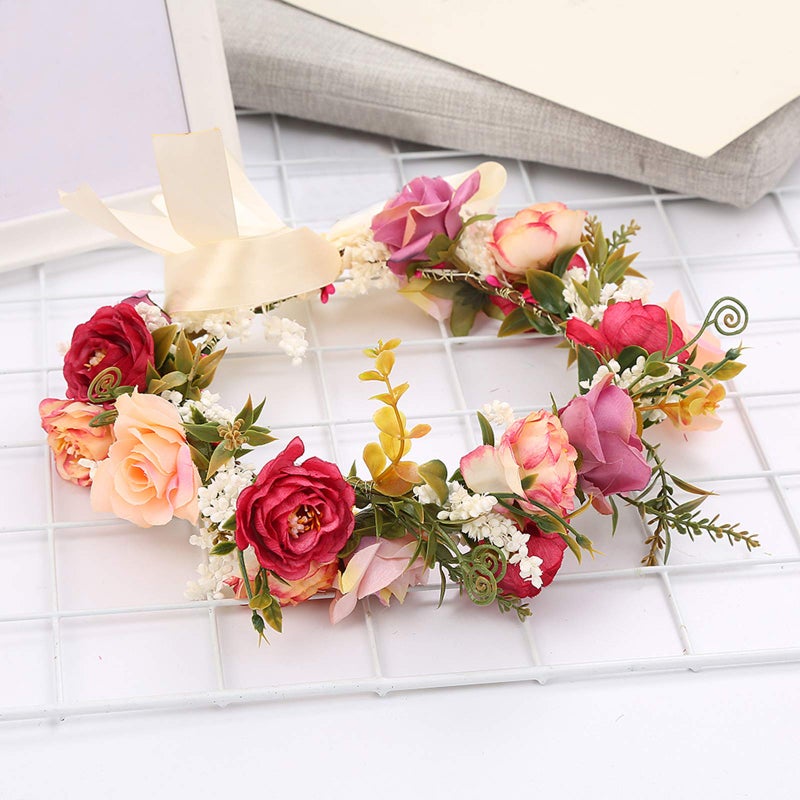 Vivivalue Rose Flower Crown Adjustable Flower Headband Hair Wreath Floral Headpiece Halo Boho with Ribbon Party Wedding - Image 3